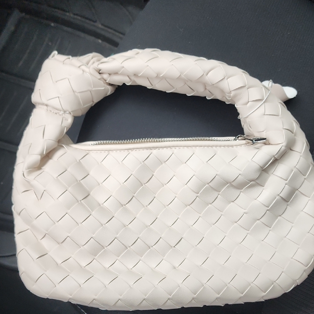 Cream Woven Shoulder Bag with Knotted Handle
